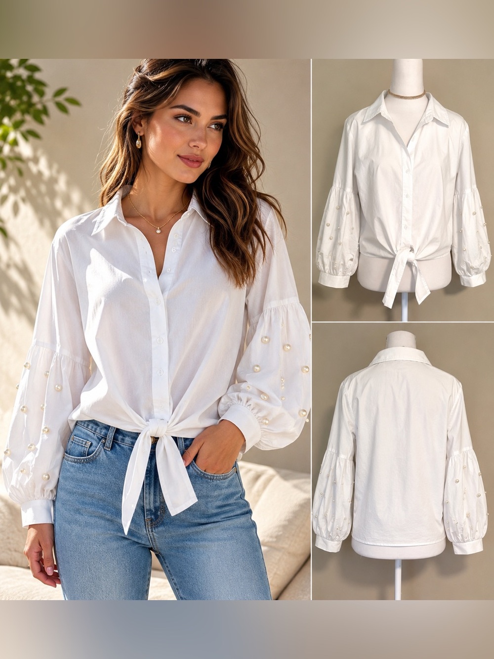 A’GACI White Pearl Embellished Balloon Sleeve Top M